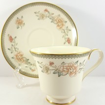 Minton Jasmine Footed Cup and Saucer 6 oz Ivory Bone China Pink Floral - £25.08 GBP