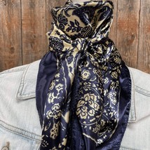 Royal Blue Cream Paisley Printed Western Southwestern Wild Rag Scarf Accent - £19.76 GBP