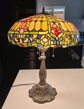 Tiffany Style Stained Glass Floral 3-Bulb Table Lamp Pull Chain 24&quot; Tall... - $376.20