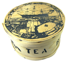 Dufeck&#39;s Coffee Tea Round Barrel &amp; Lid Old Ship Scene Rustic Wood 8&quot; x 5&quot; Empty - £8.51 GBP