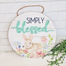 Easter Bunny Rabbit Wall Hanging Sign Flowers Spring Wood Simply Blessed... - $326.57 MXN