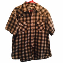 Vtg Ely Cattleman Pearl Snap Shirt Size XL Short Sleeve Brown Tan Plaid - £24.94 GBP