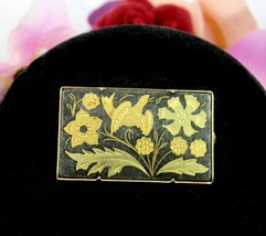 DAMASCENE Bird Floral PIN Vintage Brooch Black Goldtone Rectangle Trombo... - $16.99