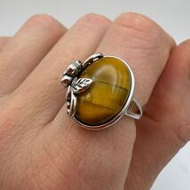925 Silver Tiger Eye Ring Vintage Flower Adjustable Gemstone Jewelry Gift - $88.00