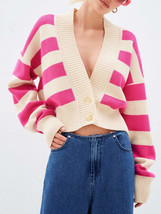 Striped Button Down Drop Shoulder Cardigan - £40.05 GBP