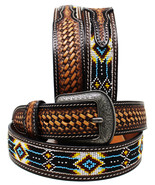 45-46  Unisex 1.5&quot; Western Floral Tooled Beaded Full-Grain Leather Belt ... - €58,06 EUR