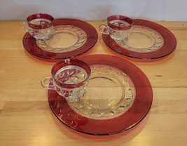 3 Vintage Ruby Flashed Snack Plate &amp; Cup Set Kings Crown Thumbprint by T... - $29.99
