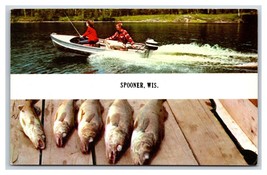 Dual View Banner Greetings Fishing Boating Spooner WI Chrome Postcard U5 - £2.25 GBP