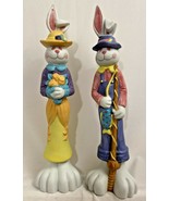 Easter Rabbits Tall Stick Figurines Country Man Woman Big Feet Fishing F... - £23.45 GBP
