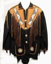 Men Cowboy Tan Black Western Long Fringed Bone Bead Patches Suede Leather Jacket - £132.99 GBP