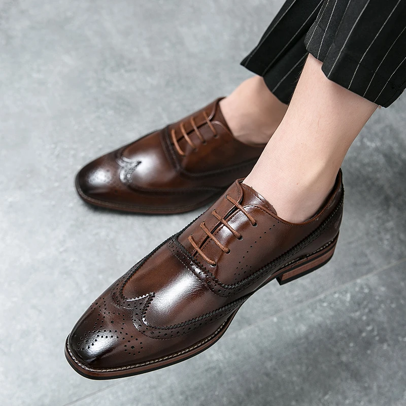 Brogue Shoes Oxfords Derby All Brown Pu Lace-up Business Shoes for Men w... - $90.85