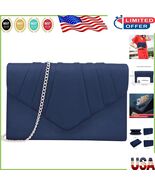 Navy Blue Pleated Evening Clutch with Chain - Elegant Faux Suede Design - $53.14 CAD