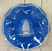 Art Glass Blue &amp; White Plate or Bowl Sailing Ship Ruffled Edge 7&quot;. - £6.19 GBP