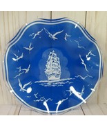 Art Glass Blue &amp; White Plate or Bowl Sailing Ship Ruffled Edge 7&quot;. - £6.20 GBP