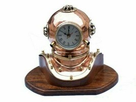 Vintage Brass Divers Clock Helmet With Wooden Base Maritime Decor Gift - £126.80 GBP