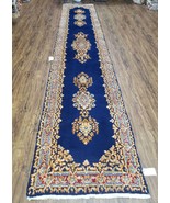 Antique Dark Blue Oriental Runner Rug Medallion Hand Knotted Wool 13.5 f... - £1,009.95 GBP