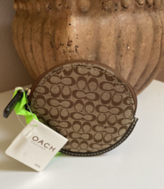 Coach Jacquard Round Coin Purse Khaki Mahogany Leather Zip F60162 Vintag... - £61.07 GBP