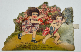 Vintage Die Cut Mechanical Valentines Day Card Girl Chasing Cupid - $19.95