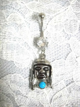 TRIBAL NATIVE BRAVE HEAD with TURQUOISE COLOR GEM on 14g CLEAR CZ BELLY ... - £4.68 GBP