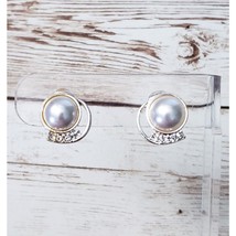 Vintage TJG Clip On Earrings - 5/8&quot; Faux Pearl with Clear Gems Swirl - £8.77 GBP