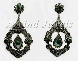 Victorian 3.85ct Rose Cut Diamond Emerald Desinger Wonderful Dashing Earrings - £407.50 GBP