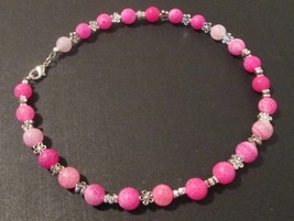 Beaded necklace, pink and silver, silver lobster clasp, about 16 inches - £15.15 GBP