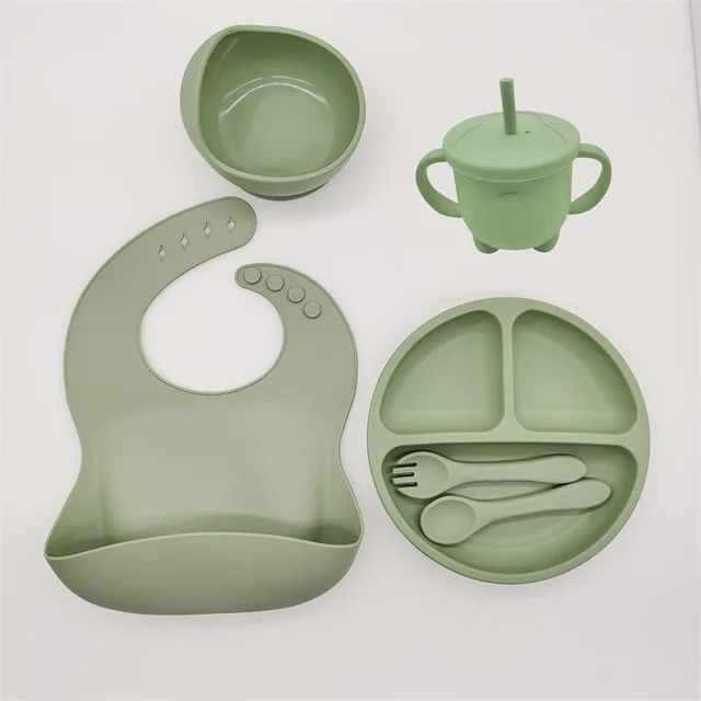 6Pcs Feeding  Set Children&#39;s Dishes Baby Feeding Sucker Bowl Bib Cup Fork Spoon  - £21.97 GBP