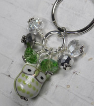 Green Owl Cluster Keychain Ceramic Crystal Beaded Handmade Split Key Ring New - £11.66 GBP