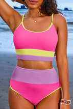 Rose Red Color Block High Waisted Sexy Bikini Set - $14.58