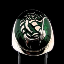 Sterling silver Aquarius Zodiac ring Star sign Neptune on Green enamel Oval dome - £93.37 GBP