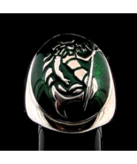 Sterling silver Aquarius Zodiac ring Star sign Neptune on Green enamel Oval dome - $115.00