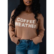 Brown Cream Graphic Coffee Weather Long Sleeve Sweater XL - $64.35