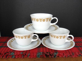 Three (3) Sets Corelle by Corning Butterfly Gold Flat Cups and Saucers - £12.04 GBP