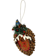 holly and snow topped blue carnival hanging bird house pine cone ornament - $17.26 CAD