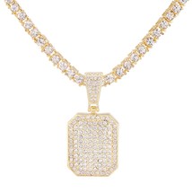 Iced Out Square Pendant Necklace With 4mm AAA Zicron Bling Tennis Neck Chain Rhi - £21.81 GBP