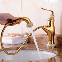 gold color PULL OUT single hole deck mounted bathroom basin faucet  - £90.58 GBP