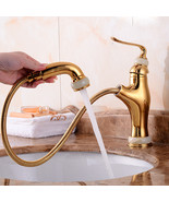 gold color PULL OUT single hole deck mounted bathroom basin faucet  - £90.22 GBP