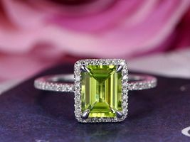 1.60Ct Emerald Cut Green Peridot Halo Engagement Ring in 14k White Gold Finish  - £61.54 GBP