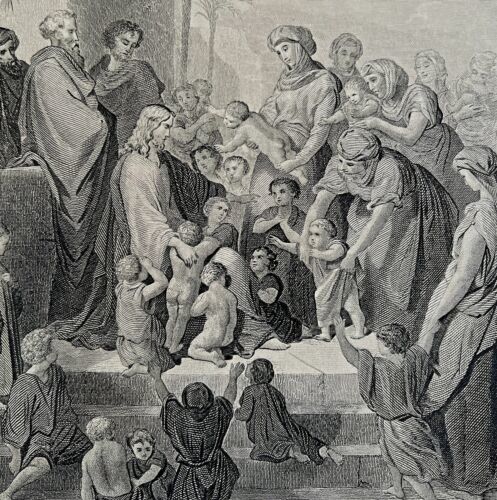 Primary image for Jesus Blesses Children Steel Engraving 1872 Gustave Dore Victorian Art DWAA6