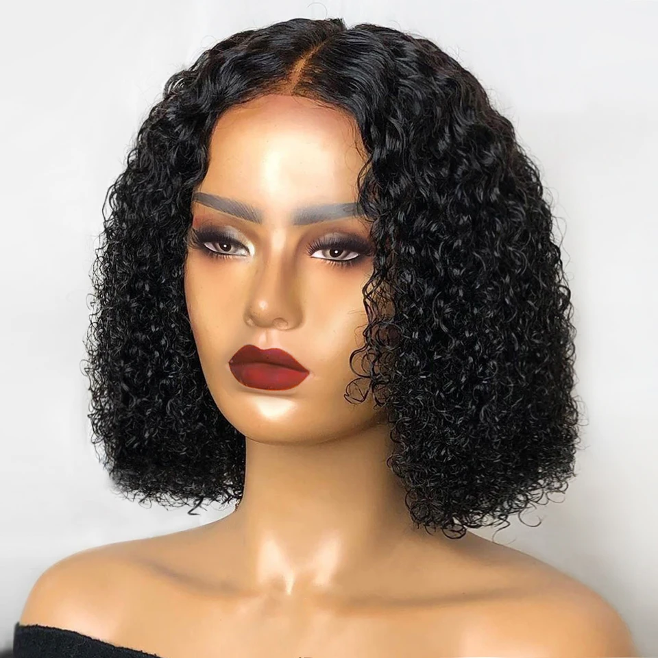 Aircabin Kinky Curly Human Hair Short Bob Wigs Pre Plucked Indian Hair T Pa - £48.63 GBP+