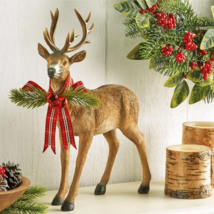 Woodland Deer Pine Bow Christmas Figurine Statue Holiday Table Buck Home... - $27.25