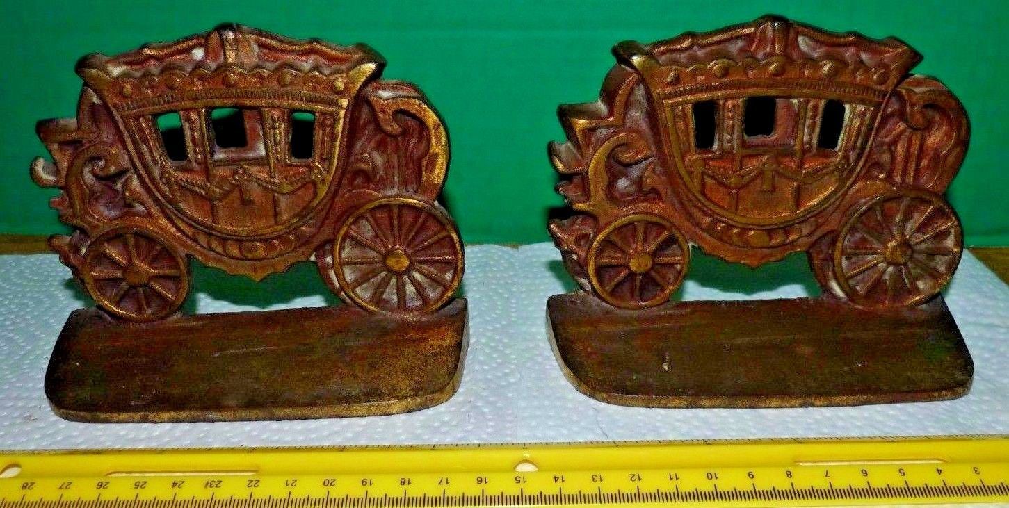 Antique Heavy Cast Brass STAGE COACH BOOKENDS 5" x 4" 1930's (?) Free Shipping - $55.44