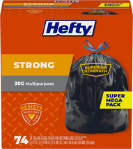 Strong Large Trash Bags, Black, 30 Gallon, 74 Count - $25.83