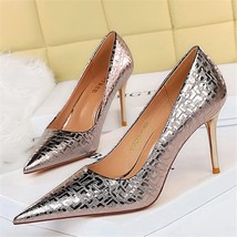 Women 8.5cm High Heels Gold Silver Pumps Pointed Toe Low Heels Lady Wedding Scar - £37.93 GBP