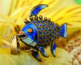 Vintage Fish Koi Articulated Chinese Charm Pendant Enamel Blue Gold   - £33.93 GBP