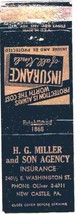 Matchbook Cover New Castle PA H G Miller &amp; Son Agency Insurance - $0.98