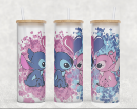 Stitch and Angel Kisses Blue and Pink Paint Splash Frosted Glass Tumbler - £14.93 GBP