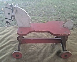 Antique Child&#39;s Riding Horse Wooden Toy Handmade Wood Wheels  - £95.18 GBP