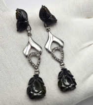 Estate Natural Green Tourmaline Engraved Diamond Silver Dangle Victorian... - $451.25