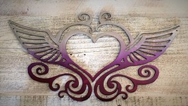 Ornamental Heart and Wings  Metal Wall Décor Fuchsia Tainted - £19.33 GBP